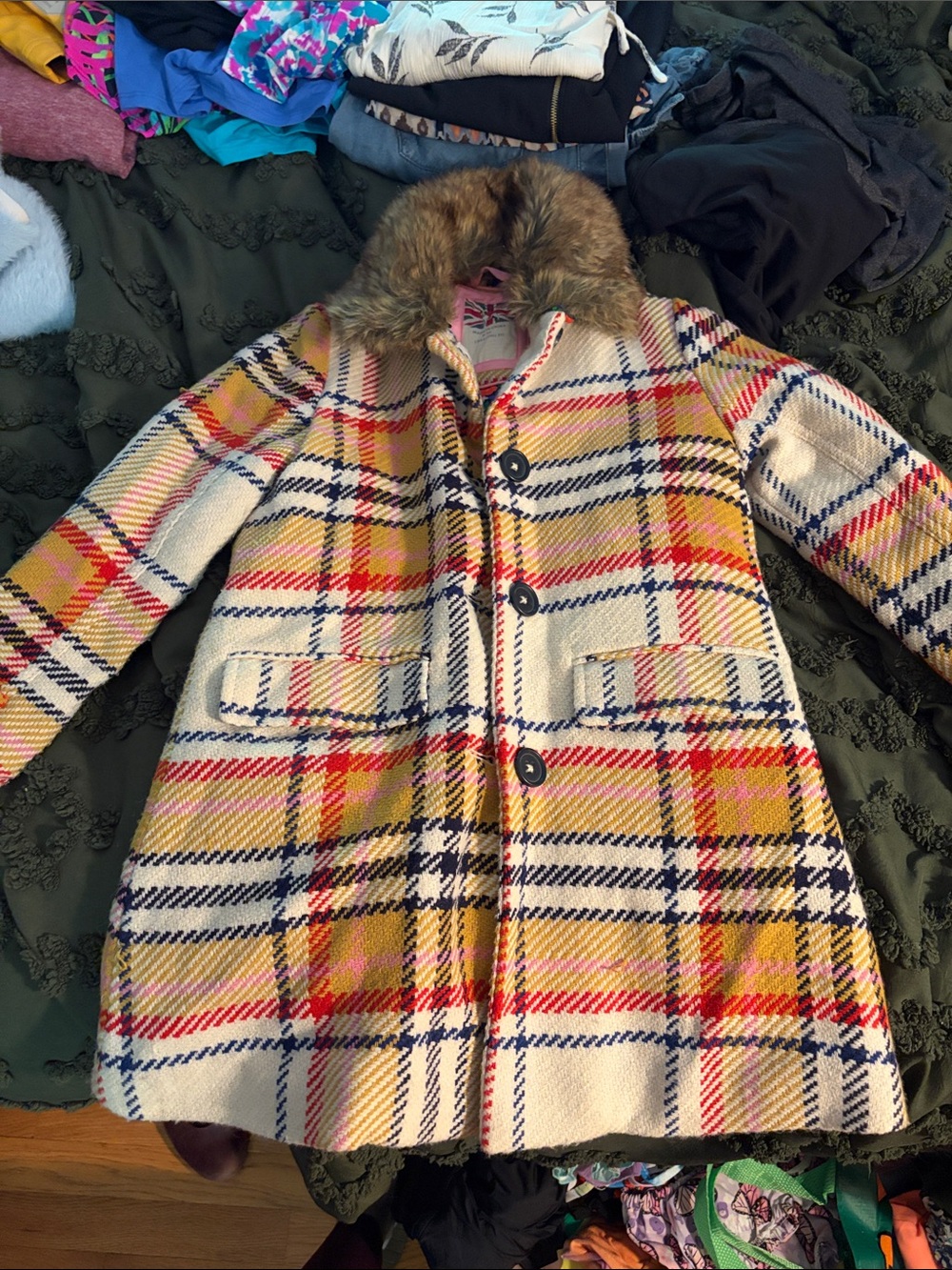 Boden Girls Cream Plaid Pea Coat with Faux Fur Collar
